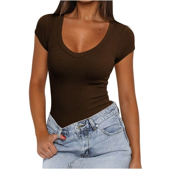 Mittory Women's Short Sleeves Ribbed Fitted Shirt Basic V Neck Slim T Shirt Tops