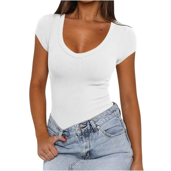 Mittory Women's Short Sleeves Ribbed Fitted Shirt Basic V Neck Slim T Shirt Tops