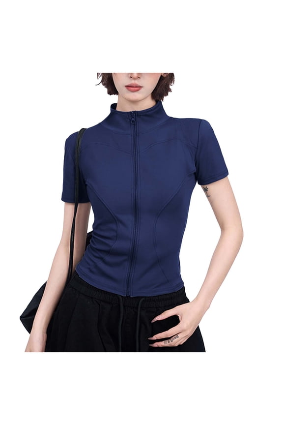 Women's Slim Fit Athletic Jacket, Full Zip Short Sleeve Workout Top - Solid Color Fitness Wear