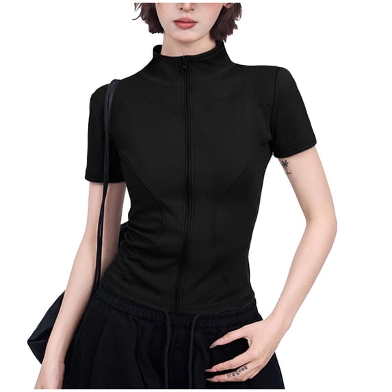 Mittory Women's Slim Fit Athletic Jacket, Full Zip Short Sleeve Workout Top - Solid Color Fitness Wear