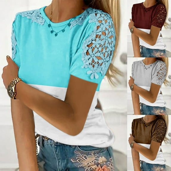 Mittory Women's Solid Color Lace Short Sleeve Top t-Shirt Comfy Casual Shirts Tops Going Out Fashion Tshirts