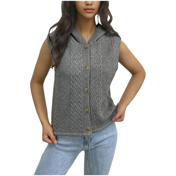 Mittory Women's Solid Color Sleeveless Knitted Hooded Cardigan Sweater Round Neck Tank Top