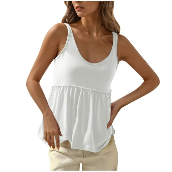 Mittory Women's Spaghetti Strap Crewneck Pleated Ruffle Hem Sleeveless Cami Tank Peplum Top