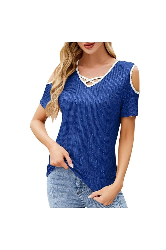 Women's Sparkle Sequin Tops Shimmer Glitter Loose Cold Shoulder Party Tunic Batwing Dolman Dressy Tops