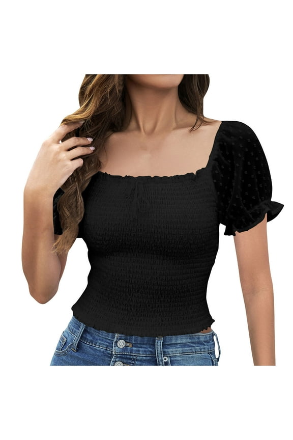 Women's Square Neck Shirred Eyelet Embroidered Puff Short Sleeve Ruffle Trim Blouse Crop Top