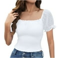 thumbnail image 1 of Mittory Women's Square Neck Shirred Eyelet Embroidered Puff Short Sleeve Ruffle Trim Blouse Crop Top, 1 of 8