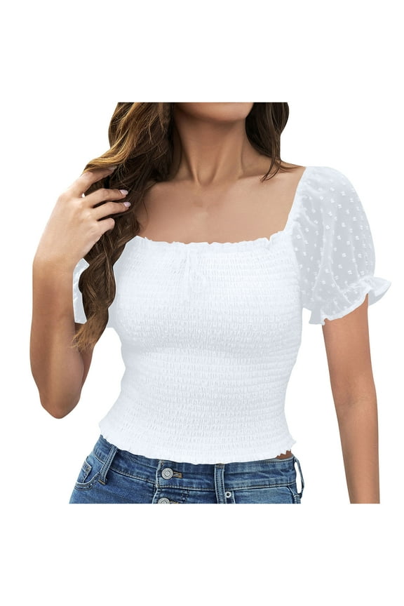 Women's Square Neck Shirred Eyelet Embroidered Puff Short Sleeve Ruffle Trim Blouse Crop Top