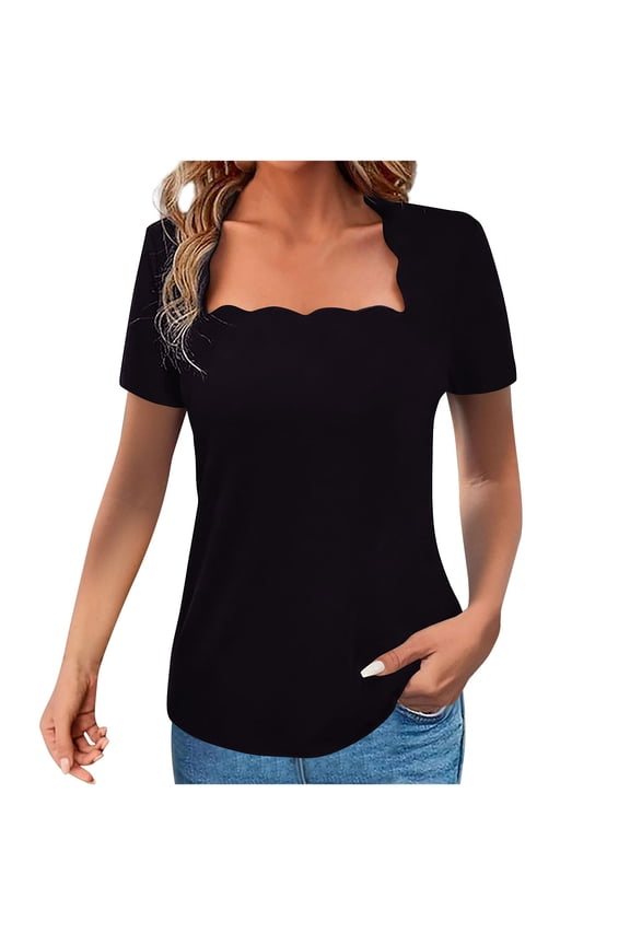 Women's Square Neck Short Sleeve Slim Fit Scalloped Casual Ribbed Slim Fitted Summer T Shirts