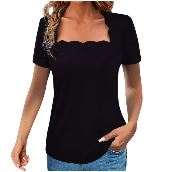 Mittory Women's Square Neck Short Sleeve Slim Fit Scalloped Casual Ribbed Slim Fitted Summer T Shirts