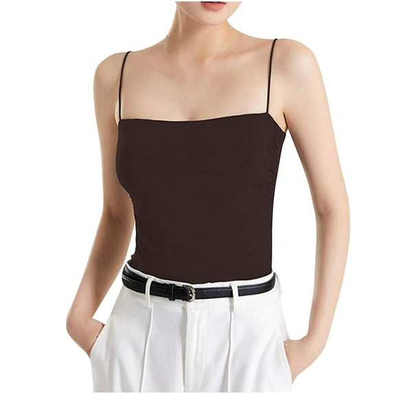 Mittory Women's Square Neck Tank Top with Built in Bra Sleeveless Spaghetti Strap Basic Tank Tops