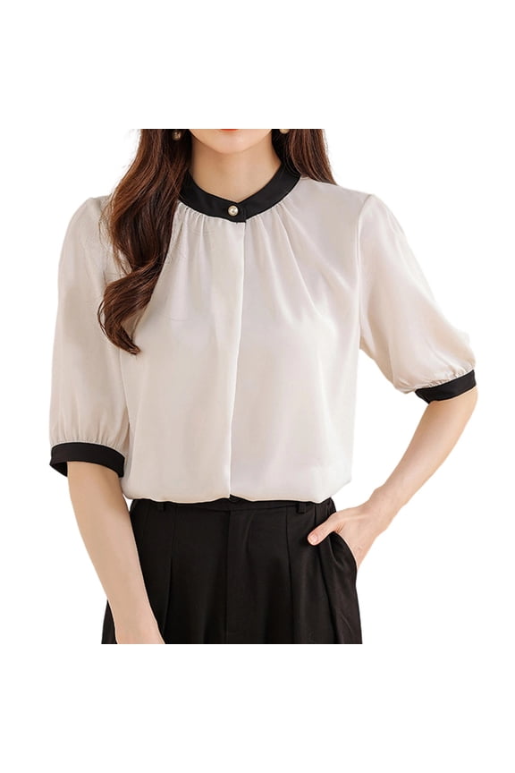 Women's Stand Collar Blouses Beading Short Sleeve Patchwork Casual Loose Korean Elegant Shirts