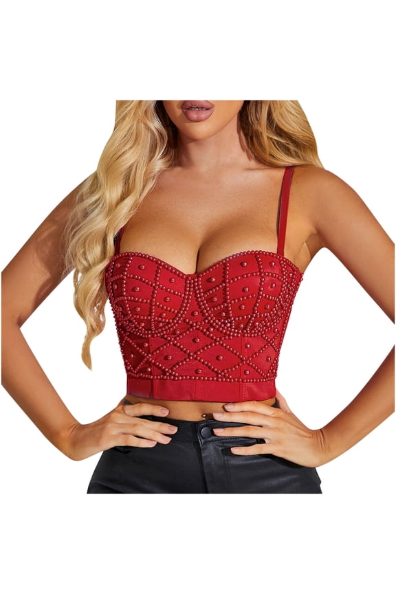Women's Strap Beads Bustier Corset Crop Top Club Party Bra