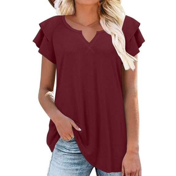 Mittory Women's Summer Basic Tops Trendy Casual Ruffle Short Sleeve V Neck Plain T Shirts Blouses