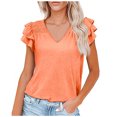 thumbnail image 1 of Mittory Women's Summer Basic Tops Trendy Casual Ruffle Short Sleeve V Neck Plain T Shirts Blouses, 1 of 8