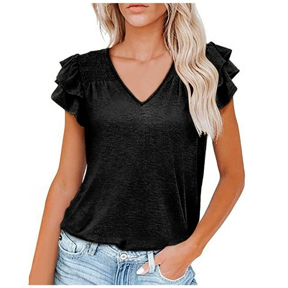 Mittory Women's Summer Basic Tops Trendy Casual Ruffle Short Sleeve V Neck Plain T Shirts Blouses
