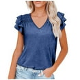 thumbnail image 1 of Mittory Women's Summer Basic Tops Trendy Casual Ruffle Short Sleeve V Neck Plain T Shirts Blouses, 1 of 7