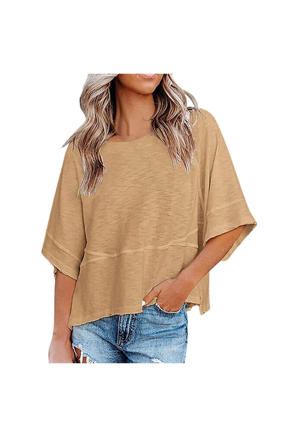 Women's Summer Casual Crewneck Batwing Half Sleeve T-Shirts Solid Color Loose Fit Cute Basic Flowy Tops Tees Blouses