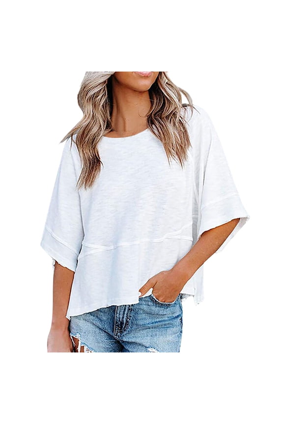 Women's Summer Casual Crewneck Batwing Half Sleeve T-Shirts Solid Color Loose Fit Cute Basic Flowy Tops Tees Blouses