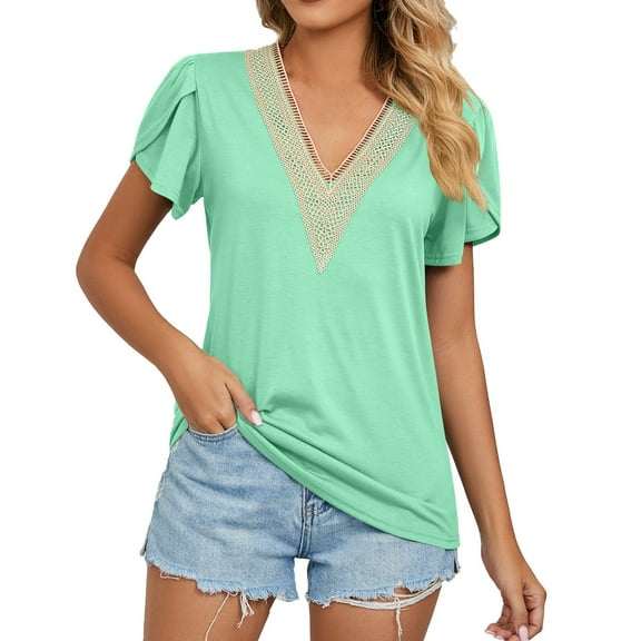 Mittory Women's Summer Casual Petal Sleeve Solid Color Top Lace Deep V Neck Petal Sleeve T-Shirt Tunic Blouse