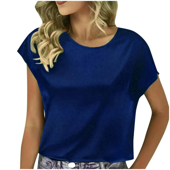 Mittory Women's Summer Dressy Casual Short Sleeve Shirts Crewneck Silk Satin Business Office Work Blouse Tops
