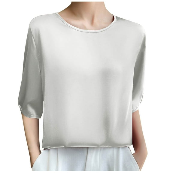 Mittory Women's Summer Dressy Casual Silk Satin Short Sleeve Shirts Business Office Work Blouse Pleated Tops