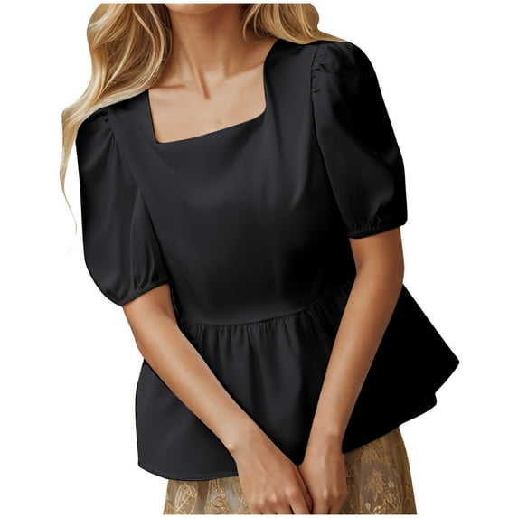 Mittory Women's Summer Dressy Casual Tops Short Puff Sleeve Babydoll Peplum Shirts Square Neck Solid Color Blouse