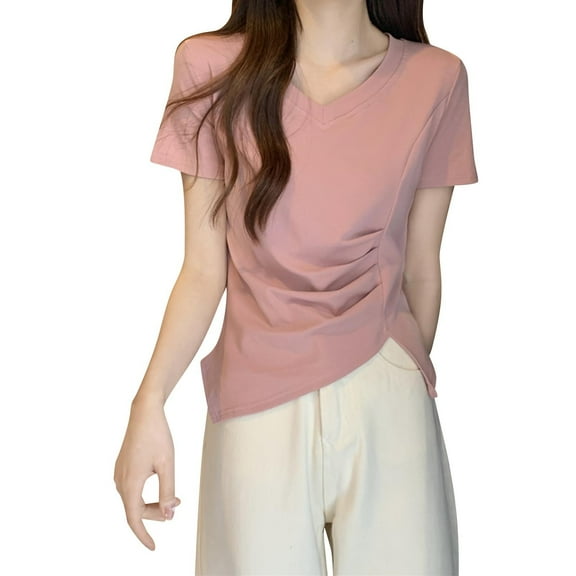 Mittory Women's Summer Elegant V-Neck Short Sleeved T-Shirt Asymmetric Patchwork Slim Folds Cotton Top