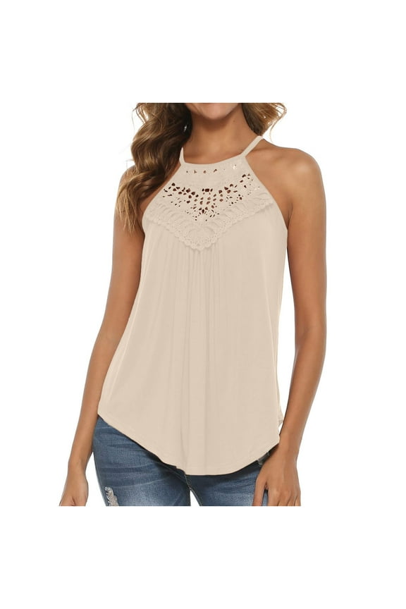 Women's Summer Halter Spaghetti Strap Flowy Tank Tops Sleeveless Shirts Blouses Lace Cami Camisole