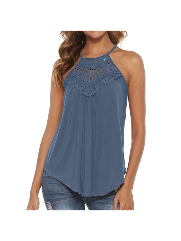 Women's Summer Halter Spaghetti Strap Flowy Tank Tops Sleeveless Shirts Blouses Lace Cami Camisole