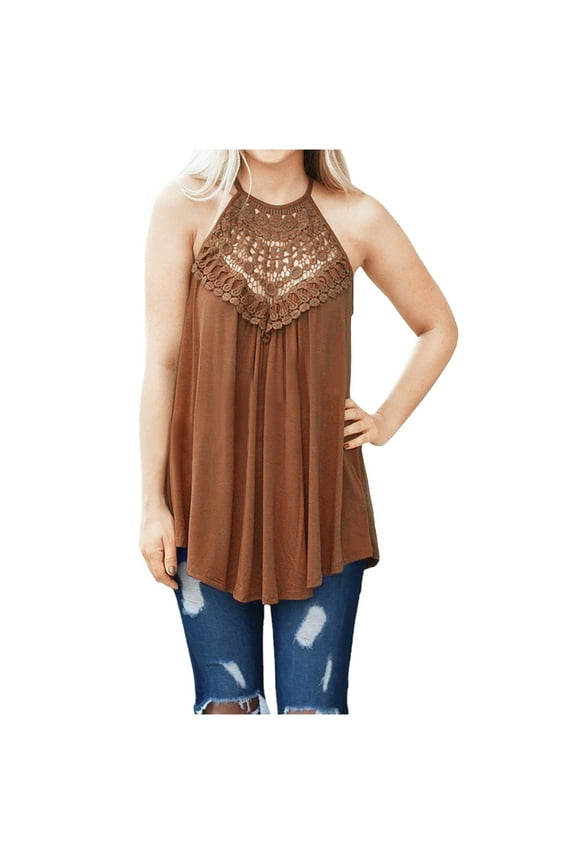 Women's Summer Halter Spaghetti Strap Flowy Tank Tops Sleeveless Shirts Blouses Lace Cami Camisole