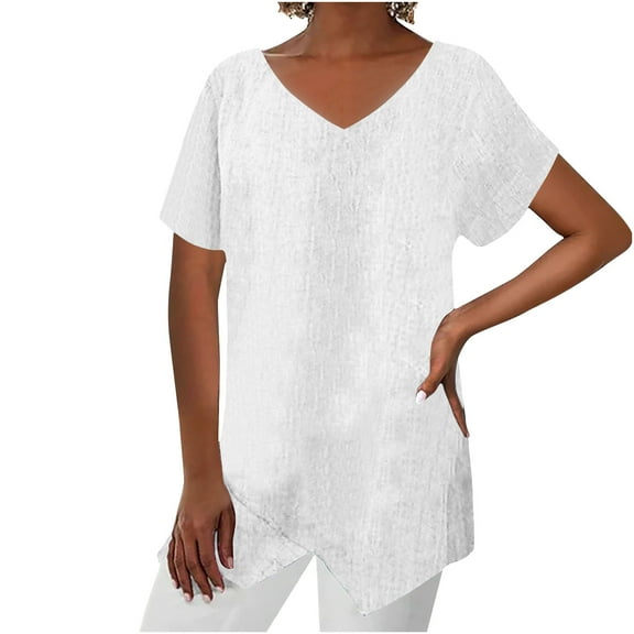 Mittory Women's Summer Linen Shirt V Neck Short Sleeve Irregular Hem Top Casual Loose Linen Blouse Tops