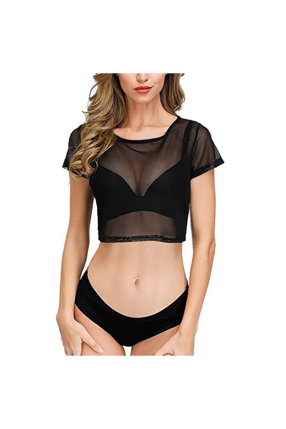 Women's Summer Mesh Tops Short Sleeve See Through Sheer T Shirt Bodycon Blouse Clubwear