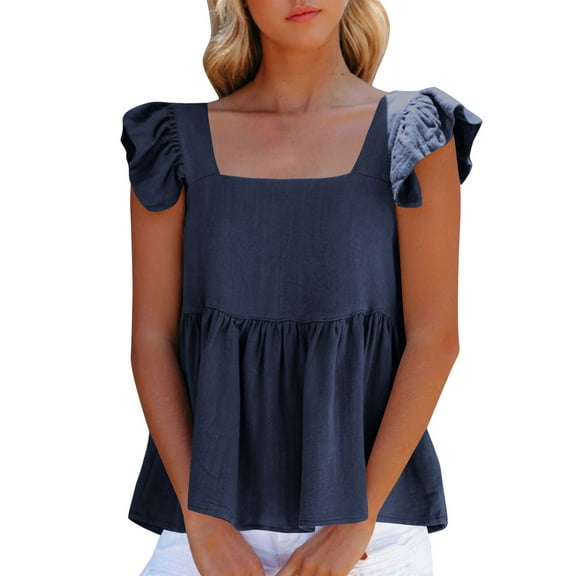 Mittory Women's Summer Peplum Blouse Square Neck Ruffle Strap Sleeveless and Backless with Button Babydoll Tank Top