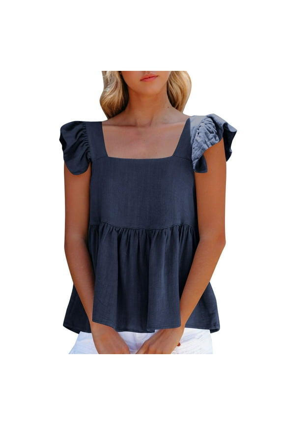 Women's Summer Peplum Blouse Square Neck Ruffle Strap Sleeveless and Backless with Button Babydoll Tank Top