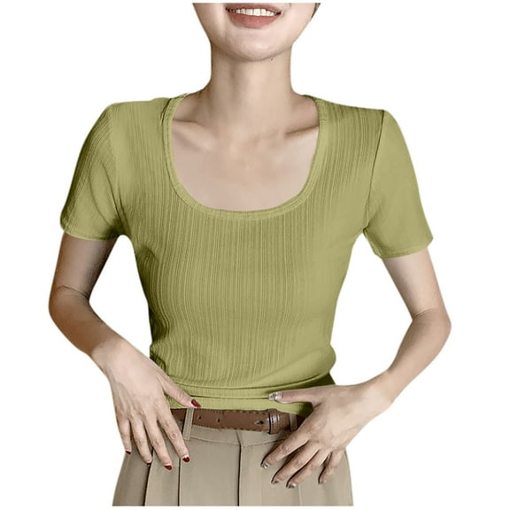 Mittory Women's Summer Short Sleeve Ribbed Knit Slim Fit T Shirt Crewneck Basic Casual Lightweight Solid Color Tee Tops