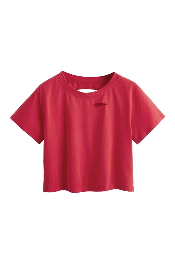 Women's Summer Short Sleeve Tee Distressed Ripped Crop T-Shirt Tops