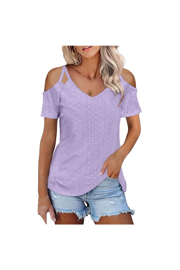 Women's Summer Short Sleeves Tops Cold Shoulder Casual Loose Strappy Eyelet Tee Trendy Going Out Blouse