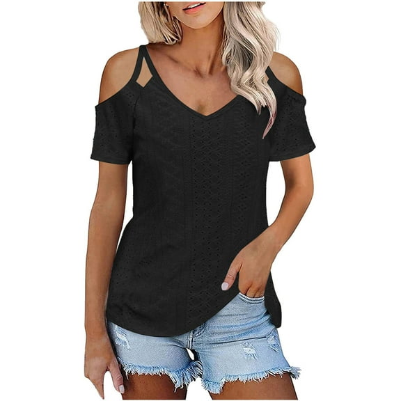 Mittory Women's Summer Short Sleeves Tops Cold Shoulder Casual Loose Strappy Eyelet Tee Trendy Going Out Blouse