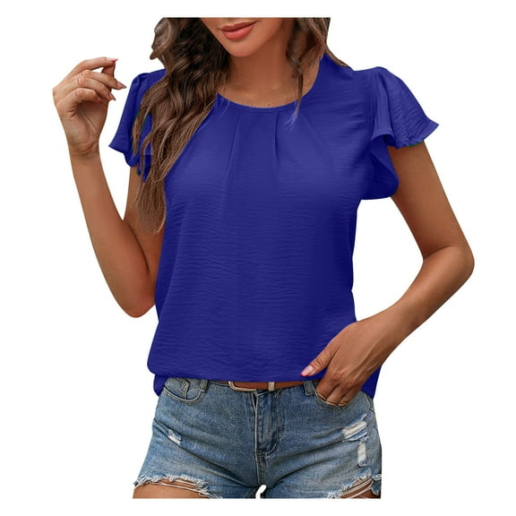 Mittory Women's Summer Tops Casual Round Neck Pleated Ruffle Short Sleeve Keyhole Back Chiffon Blouses Shirts