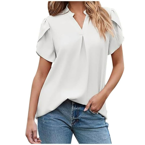Mittory Women's Summer Tops Dressy Casual Notch V Neck Ruffle Short Sleeve Flowy Shirts Cute Blouses Tops