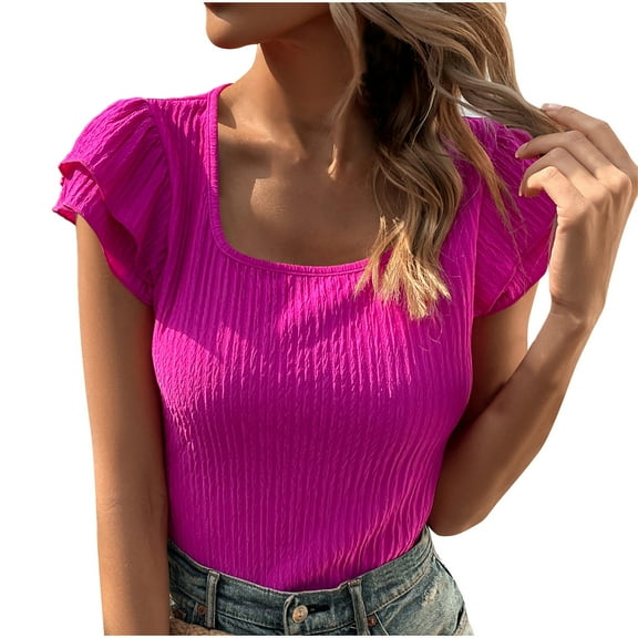Mittory Women's Summer Tops Ruffle Short Sleeve Casual Slim Fit T Shirts Basic Knit Top Textured Blouse