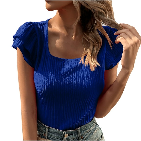 Mittory Women's Summer Tops Ruffle Short Sleeve Casual Slim Fit T Shirts Basic Knit Top Textured Blouse
