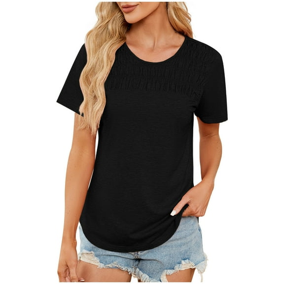 Mittory Women's Summer Tops Trendy Short Sleeve Shirts Smocked Crewneck T Shirts Blouses