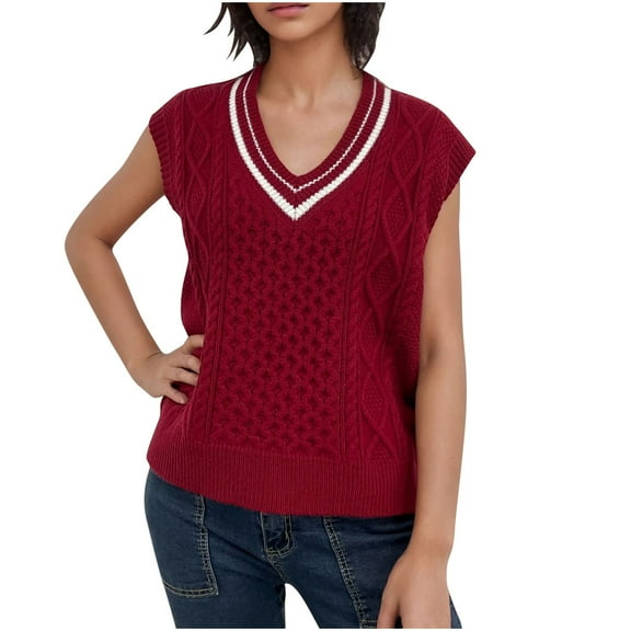 Mittory Women's Sweater Vest V Neck Uniform Sleeveless Knitted School JK Pullover Tops Classic