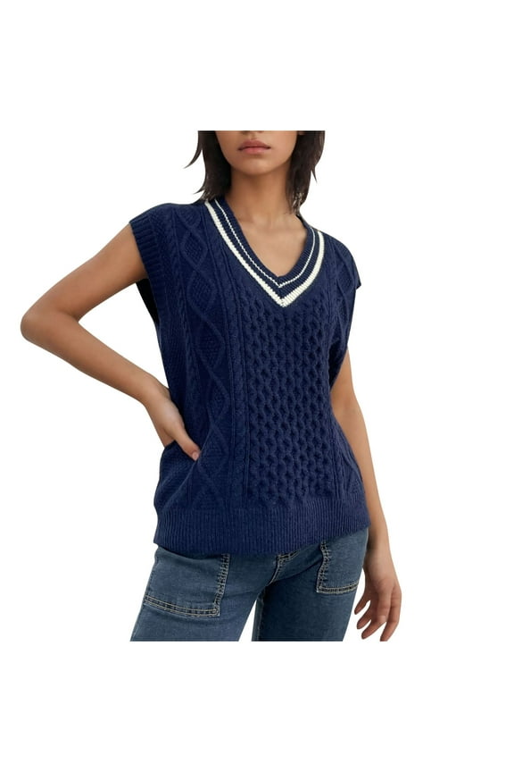 Women's Sweater Vest V Neck Uniform Sleeveless Knitted School JK Pullover Tops Classic