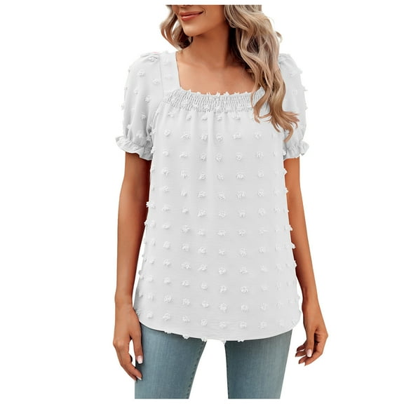 Mittory Women's Polka Dots Casual Summer Tops Short Sleeve Square Neck Chiffon Blouses Cute Shirts Tees