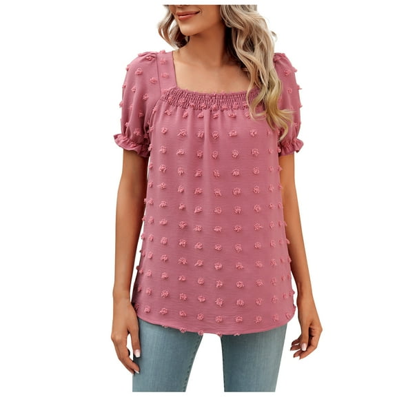 Mittory Women's Polka Dots Casual Summer Tops Short Sleeve Square Neck Chiffon Blouses Cute Shirts Tees