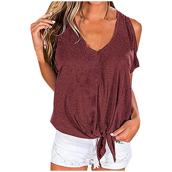 Mittory Women's T Shirt Cold Shoulder Tops Casual V Neck Short Sleeve Tshirt Twist Knot Tunics