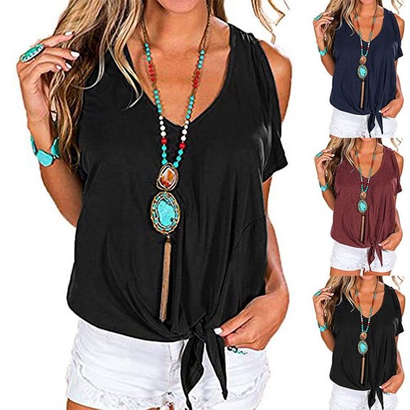 Mittory Women's T Shirt Cold Shoulder Tops Casual V Neck Short Sleeve Tshirt Twist Knot Tunics