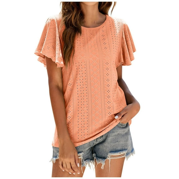 Mittory Women's T Shirts Casual Ruffle Short Sleeve Tops Cute Eyelet Summer Spring Shirts